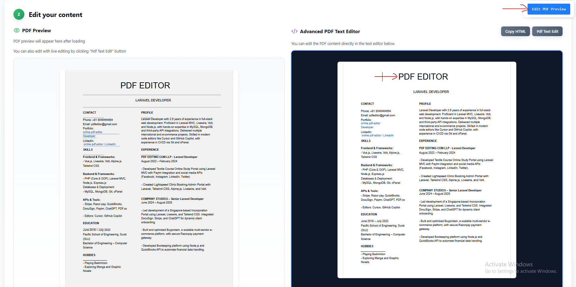 Editing interface preview
